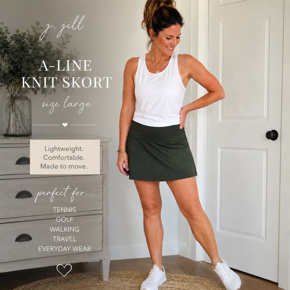 J. Jill ALine Knit Skort Large Olive Green Stretch Athleisure Tennis Golf Sporty
